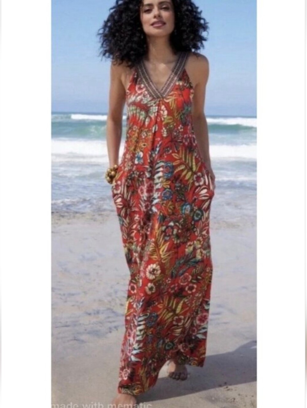 Soft Surroundings Onani Sleeveless Floral Maxi Dress with Embroidered Trim Sz  M